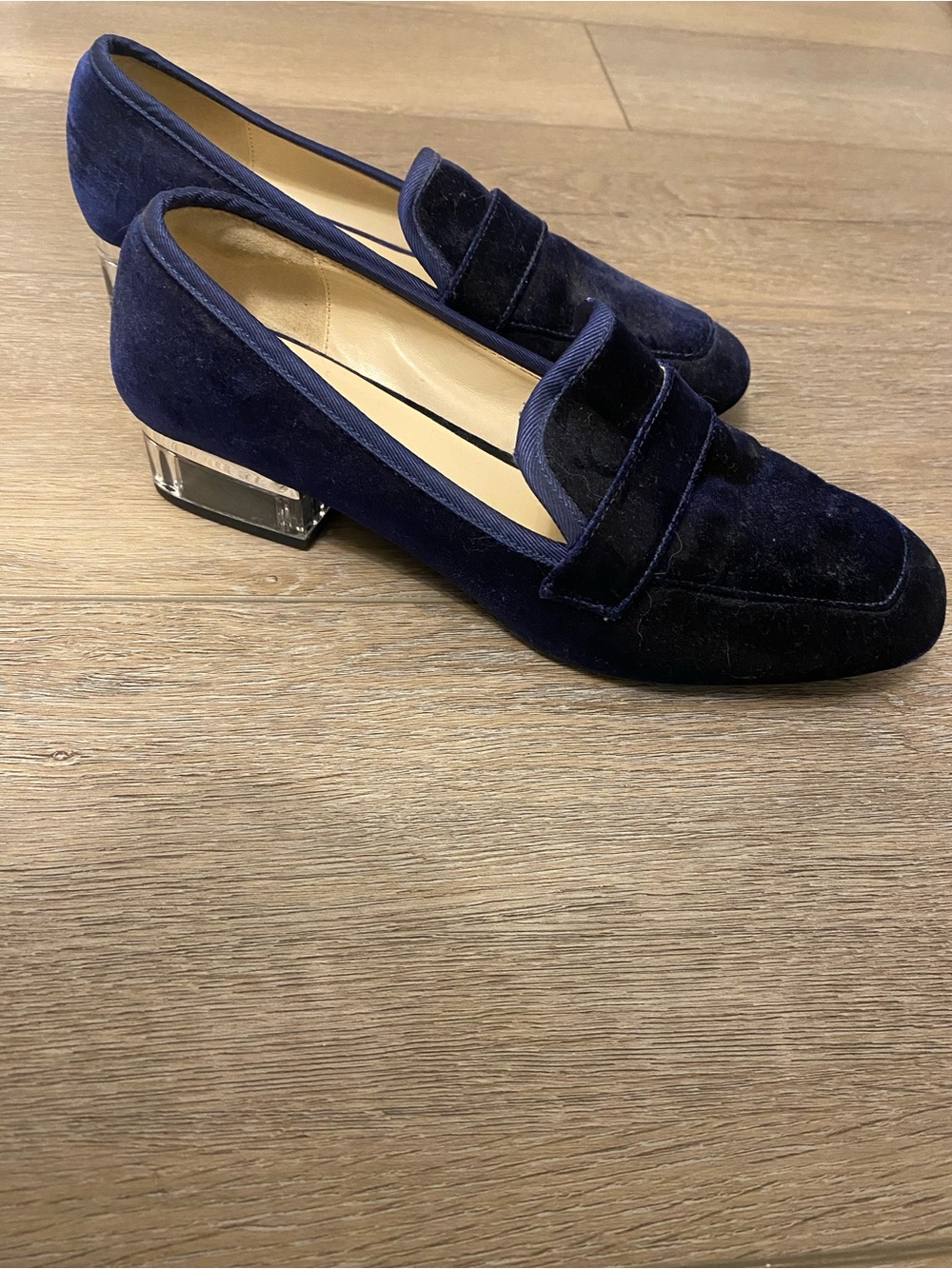 Nine West Navy Velvet Loafers with Clear Block Heel